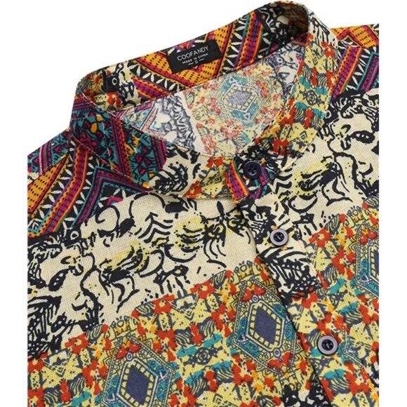 Men's Cotton Linen Henley Shirt Long Sleeve Hippie Casual Beach T Shirts - Picture 4 of 7